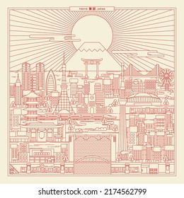 Tokyo Japan. Vector Line Art Illustrations with details landmark. Stylish Illustration. Japanese Translation mean Tokyo. 