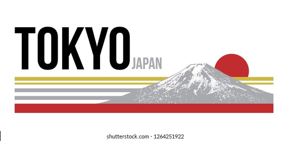 

Tokyo Japan vintage old school sport trendy graphic with Mount Fuji and Traditional style red Japan Sun Fashion print for t shirt sweatshirt bomber sticker patch embroidery poster street wear casual