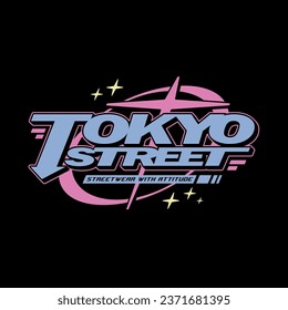 Tokyo japan Y2K streetwear aesthetic slogan typography tshirt style logo vector icon design illustration. Tokyo Street. Poster, banner, slogan shirt, clothing, sticker, badge