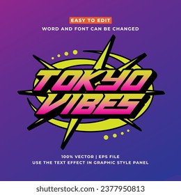 Tokyo japan y2k streetwear colorful slogan typography editable text effect 3d cartoon template style premium vector