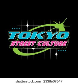 Tokyo japan y2k streetwear t-shirt slogan typography style logo vector icon design illustration. Poster, banner, clothing, slogan shirt, sticker, badge, emblem