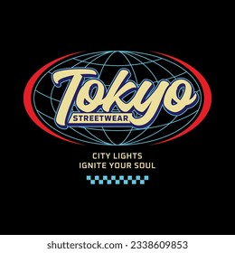 Tokyo japan y2k streetwear t-shirt slogan typography style logo vector icon design illustration. Poster, banner, clothing, slogan shirt, sticker, badge, emblem