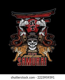 Tokyo Japanese warrior Samurai - T-Shirt design - vector illustration - Black - SAMURAI in japanese texte