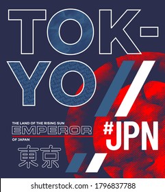 Tokyo. The Land of the rising sun  slogan t-shirt trendy design. Colorful apparel typography tee shirt with line style. Inscription in Japanese with the translation: Tokyo. Vector illustration.
