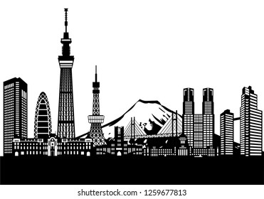 Tokyo landmark buildings and mount fuji icon set. Vector illustration.