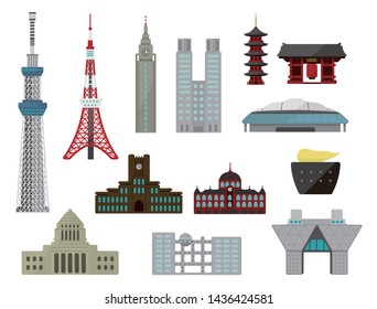 Tokyo Landmark Buildings (tower, Temple Etc.) Flat Vector Illustration Set.