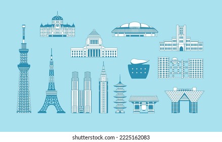 Tokyo landmark buildings (tower, temple etc.)  illustration set ( manga style )