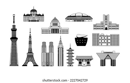 Edificios emblemáticos de Tokio (torre, templo, etc.) ilustraciones (estilo manga)