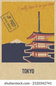 Tokyo Landmark, Vetor Pagoda e Mount Fuji Template Retro Style Postcard com desejo de caligrafia. Impressão Postal, Textura de Papel Antigo