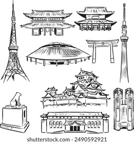 Tokyo landmarks ink illustrations collection. Tokyo Tower, Sky Tree, Royal Palace, Temple, Museum, Skyscraper, Shrine vector drawing. Japan tourist attractions line drawings group. 