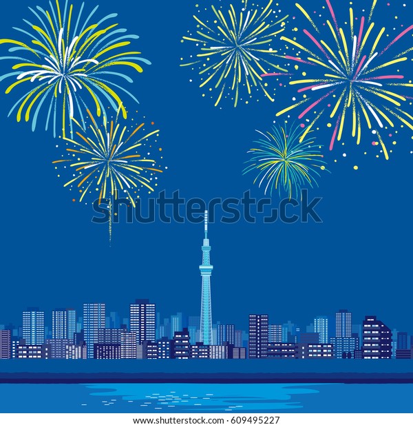 東京の風景 夜景 ベクターイラスト 花火の夜空の風景背景 のベクター画像素材 ロイヤリティフリー 609495227