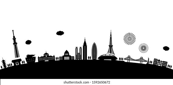 tokyo landscape vector illustration (Arch shape) / monochrome