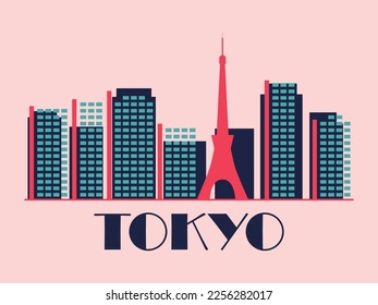 Tokyo landscape in vintage style. Retro banner of Tokyo city with skyscrapers in linear style. Design for print, posters and promotional materials. City logo. Vector illustration