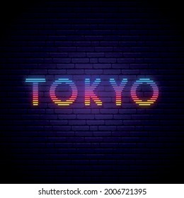 Tokyo lettering in neon style. Bright Tokyo inscription vector illustration in retro 80s style.