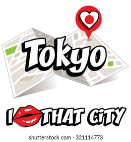 Tokyo. I Love That City. Vector Illustration with country flag.