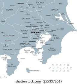 Área Metropolitana de Tóquio, mapa político cinza da Região da Capital do Japão, localizado na ilha Honshu. Mapa mostrando Itto Sanken, consistindo das prefeituras de Tóquio, Chiba, Saitama e Kanagawa.