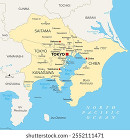 Área Metropolitana de Tóquio, mapa político da Região da Capital do Japão, localizado na ilha Honshu. O mapa mostra Itto Sanken, formado pelas prefeituras de Tóquio, Chiba, Saitama e Kanagawa.