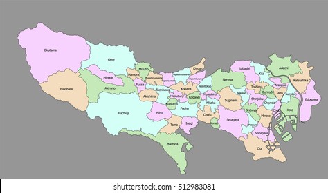 Tokyo map with Administrative districts territory