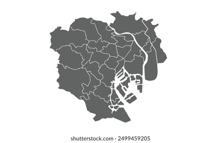 Mapa de Tokio aislado en el fondo blanco. para diseños de Sitio web, fondo, educación, preciso, personalizable, viajes por todo el mundo, fondo de silueta de mapa, geografía terrestre, política, informes.