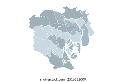 Mapa de Tóquio sobre fundo branco. Tóquio tons de cinza e azul de alta resolução.