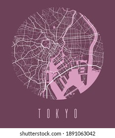 Tokyo map poster. Decorative design street map of Tokyo city. Cityscape aria panorama silhouette aerial view, typography style. Land, river, highways, avenue. Round circular vector illustration.