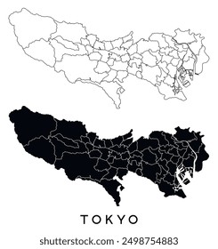 Tokyo map of regions districts vector black on white and outline