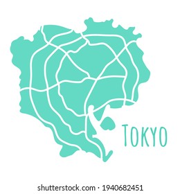 Tokyo map silhouette administrative division, vector map isolated on white background. boundary map with streets. High detailed illustration.