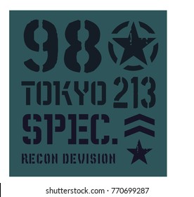 Tokyo military plate, realistic looking military typography for t-shirt, poster, print.
