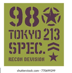 Tokyo military plate, realistic looking military typography for t-shirt, poster, print.