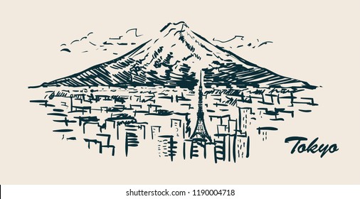 Tokyo Mount Fuji Hand Drawn Illustration.Sketch Vector Toky City Skyline.