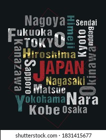 Tokyo, osaka and other fifteen city of japan  typography vector illustration, for t-shirt and and apparel design.