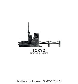 Tokyo panorama, vector badge, skyline logo and icon. Japan capital city horizon logotype with landmarks and building silhouettes. Isolated foggy abstract gradient graphic