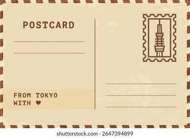 Do modelo de cartão postal de Tóquio. Ilustração de cartão postal estilo vintage grungy vetor com selo, torre, marco, mensagem. Layout de imagem simples de saudações simples