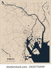 Tokyo Print, City Map Art Poster, Japan, Wall Art Decor, Minimalist Brown and Blue Navy Modern Style.