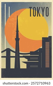 Tokyo retro city poster with abstract shapes of skyline, temple. Japan vintage travel vector illustration, cityscape at sunrise, sunset