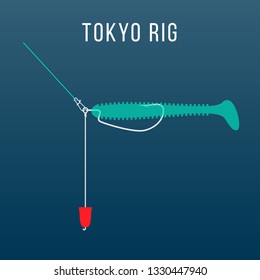 Tokyo rig on dark background. Fishing tackle setup scheme for catching bass, pike, perch, zander  and other predatory fish.