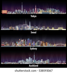 Tokyo, Seoul, Sydney And Auckland Skylines At Night With Bright City Lights Vector Illustrations