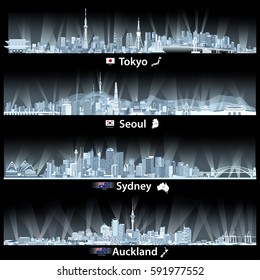 Tokyo, Seoul, Sydney and Auckland skylines at night in soft blue palette vector illustrations. Flags and maps of Japan, South Korea, Australia and New Zealand