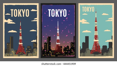 Tokyo set of retro posters.tokyo vector illustration.