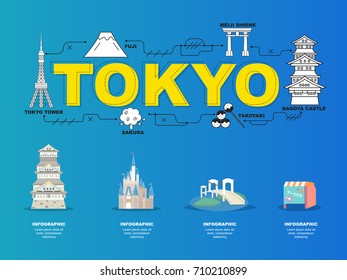 Tokyo sightseeing tour with landmark icons in Japan.vector