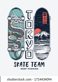 Equipo de skate de Tokio. Ilustraciones vectoriales en patines con lemas geniales para la impresión en pantalones t y otros usos.