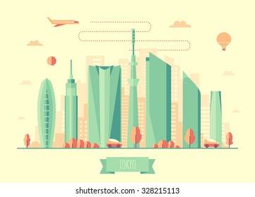 Tokyo skyline architecture, vector illustration with plane, cars and air balloon, flat design