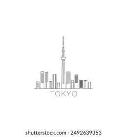 Tokio skyline ciudad panorama Vector plano moderno logo, icono. Emblema del horizonte de la capital de Japón con Lugares famosos y siluetas de construcción. Gráfico de línea fina aislado