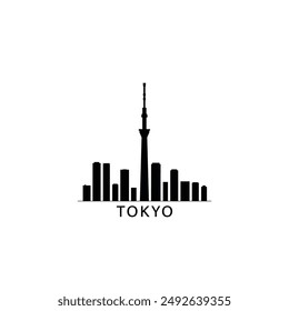 Tokio skyline ciudad panorama Vector plano moderno logo, icono. Emblema del horizonte de la capital de Japón con Lugares famosos y siluetas de construcción. Gráfico aislado