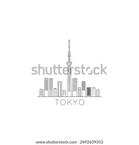 Tokyo skyline city panorama vector flat modern logo, icon. Japan capital horizon emblem with landmarks and building silhouettes. Isolated thin line graphic