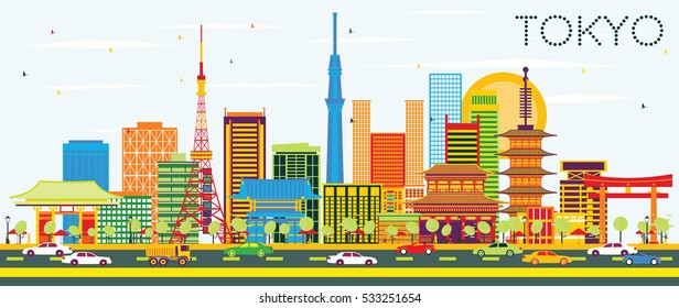 Tokyo Skyline with Color Buildings and Blue Sky. Vector Illustration. Business Travel and Tourism Concept with Modern Architecture. Image for Presentation Banner Placard and Web Site.
