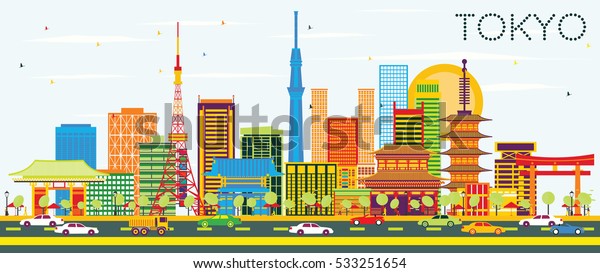 Tokyo Skyline Color Buildings Blue Sky Stock Vector Royalty Free