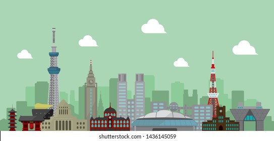 Tokyo skyline flat vector illustration. Tokyo landmark buildings.