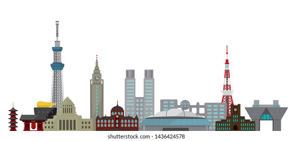 Tokyo skyline flat vector illustration. Tokyo landmark buildings.