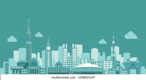 Tokyo skyline flat vector illustration. Tokyo landmark buildings.